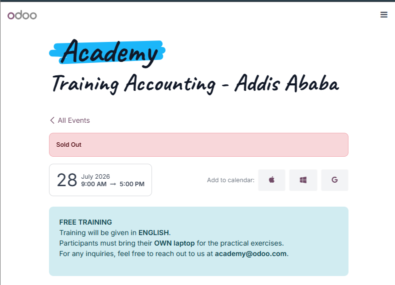 Odoo Academy Accounting - Addis Ababa at Getfam Hotel, Haile Gebreselassie Street,, Addis Ababa, July 28, 2026