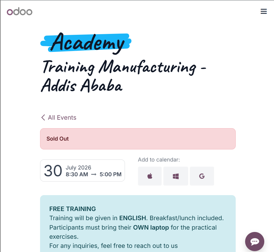 Odoo Academy Manufacturing - Addis Ababa at Haile Maryam Mamo Street, Addis Ababa, July 30, 2026