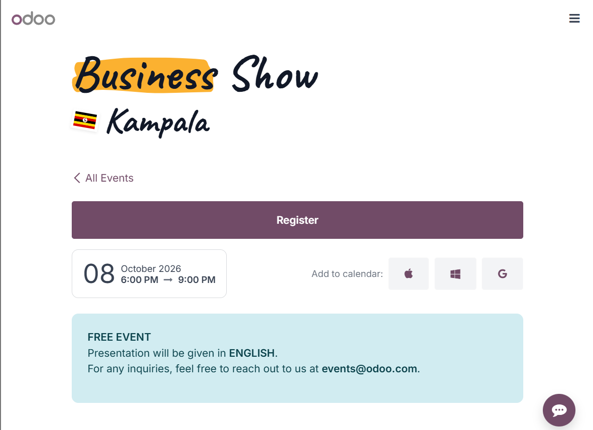 Odoo Business Show Kampala at Hotel Africana Ltd & Convention center, Kampala, October 8, 2026